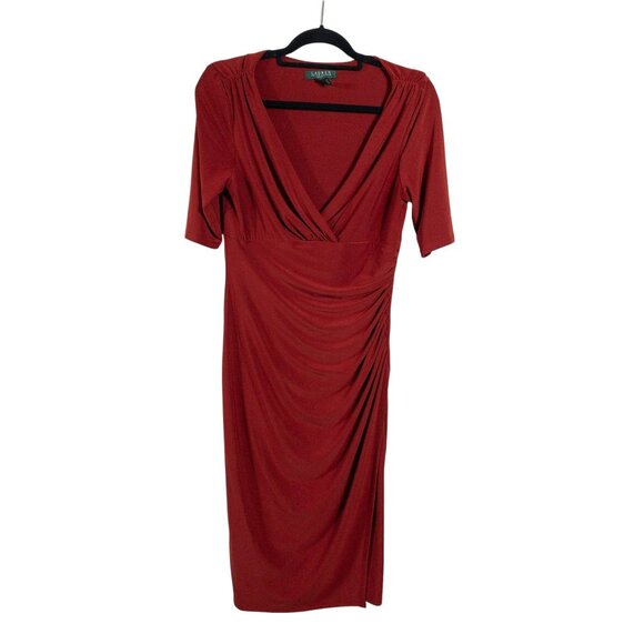 Ralph Lauren Red Ruched Midi Dress With Surplice Neckline SZ 10 M Dinner Party - Picture 1 of 9
